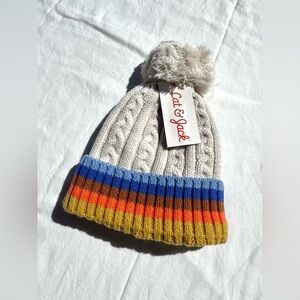 Cat & Jack Cream Pom Pom Beanie with Blue, Orange & Yellow Stripe Cuff